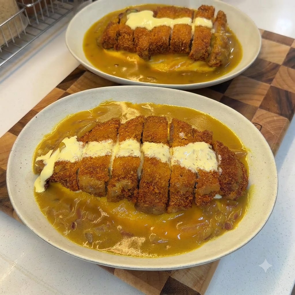 Dwie miseczki gotowego ryżu z kotletem wieprzowym w curry kokosowym udekorowane zielonymi płatkami natki pietruszki.