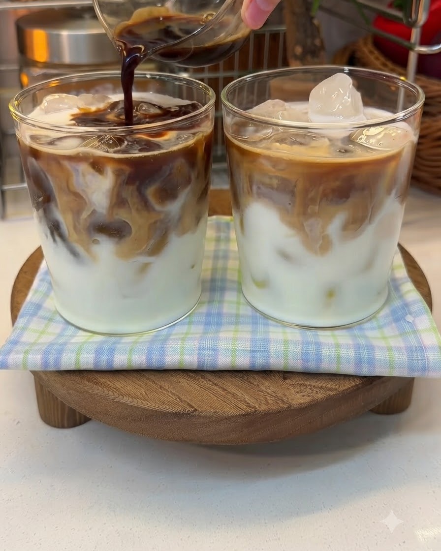Ciemne espresso wlewane do szklanki z mlekiem i jogurtem na lodzie.