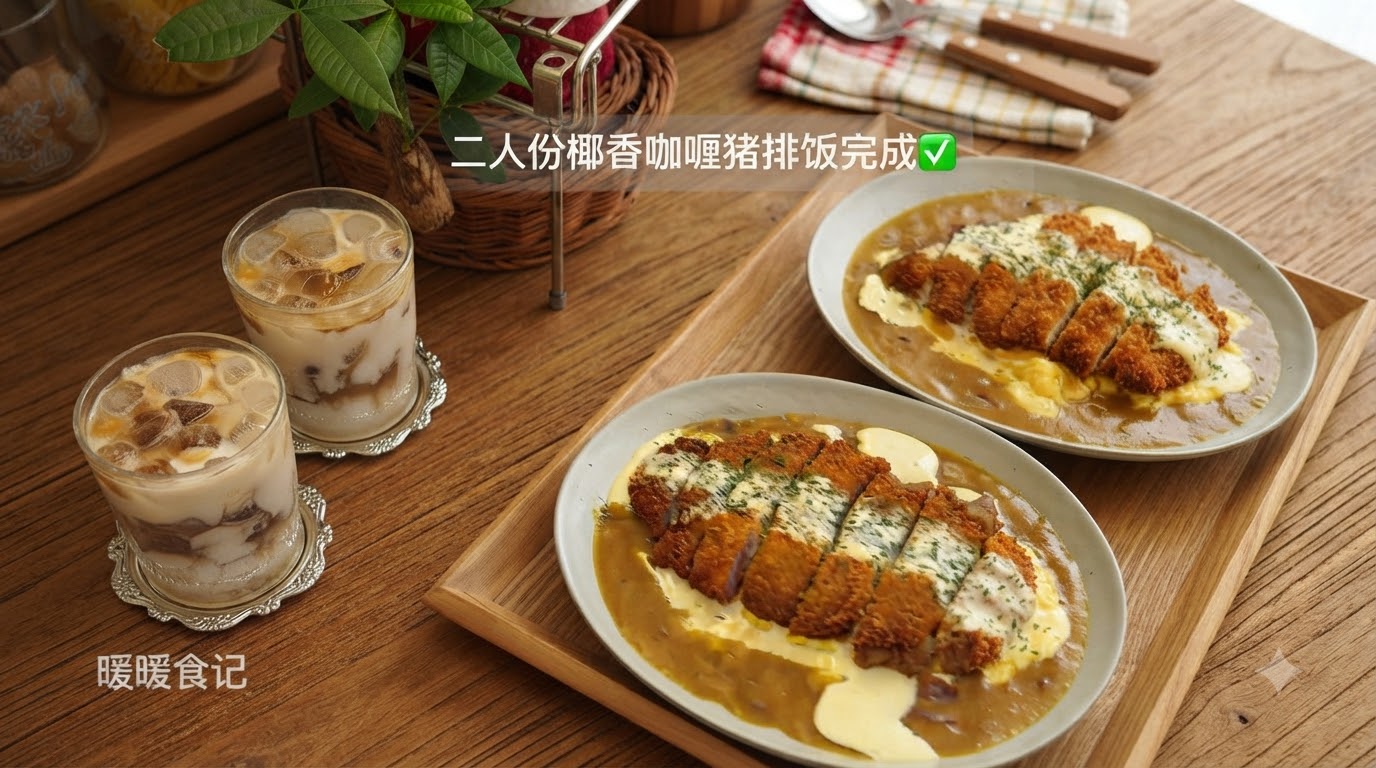 Ryż z panierowanym kotletem wieprzowym, curry kokosowym i latte jogurtowym
