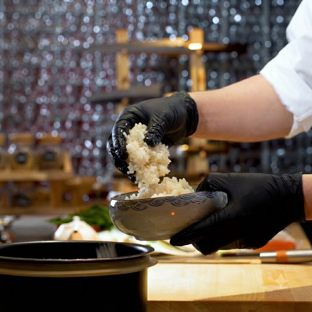 Osoba w czarnych rękawiczkach umieszczająca ciepły ryż do sushi w ozdobnej ceramicznej misce.