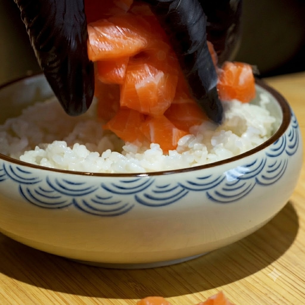 Pokrojony w kostkę łosoś umieszczany na warstwie ryżu do sushi w ceramicznej misce.