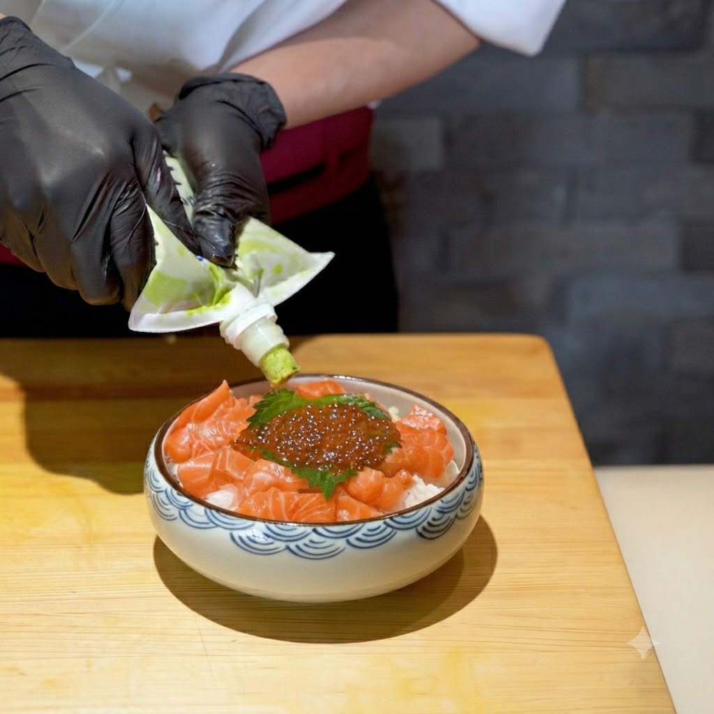 Wasabi wyciskane z rękawa cukierniczego obok przygotowanej miski z ryżem i łososiem.