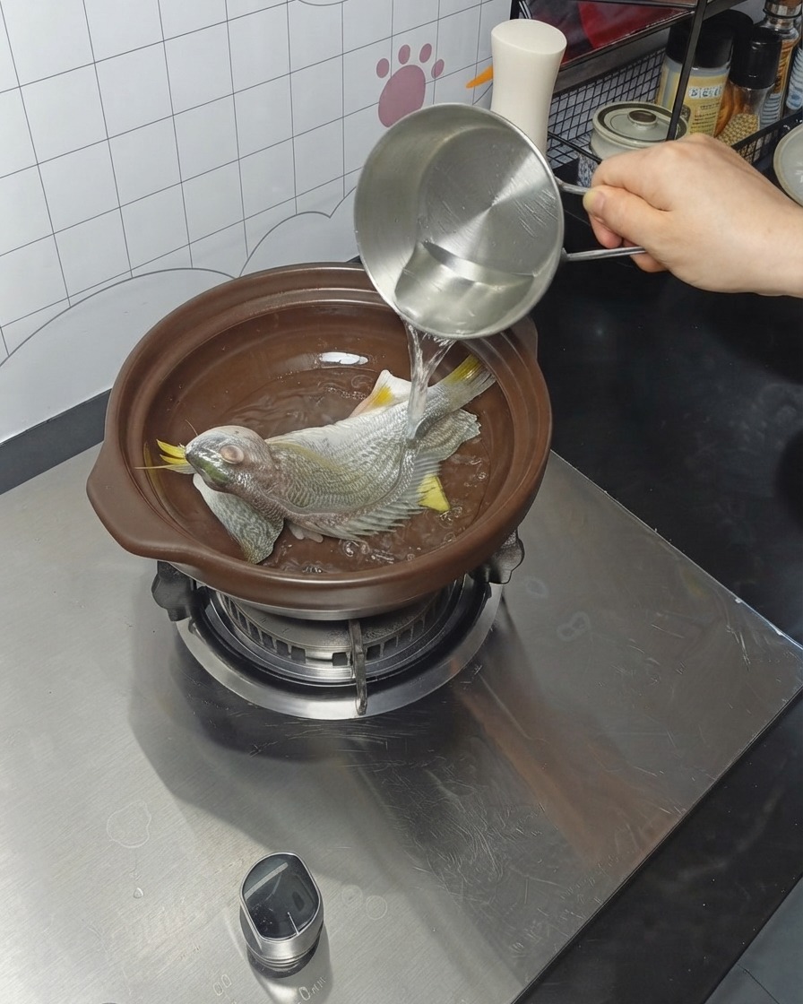 Woda wlewana z metalowego pojemnika do glinianego garnka z rybą.