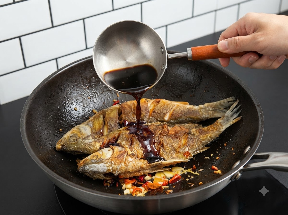 Ręka używająca metalowej chochelki do wlewania ciemnej mieszanki sosu sojowego na usmażoną rybę i aromaty w woku.