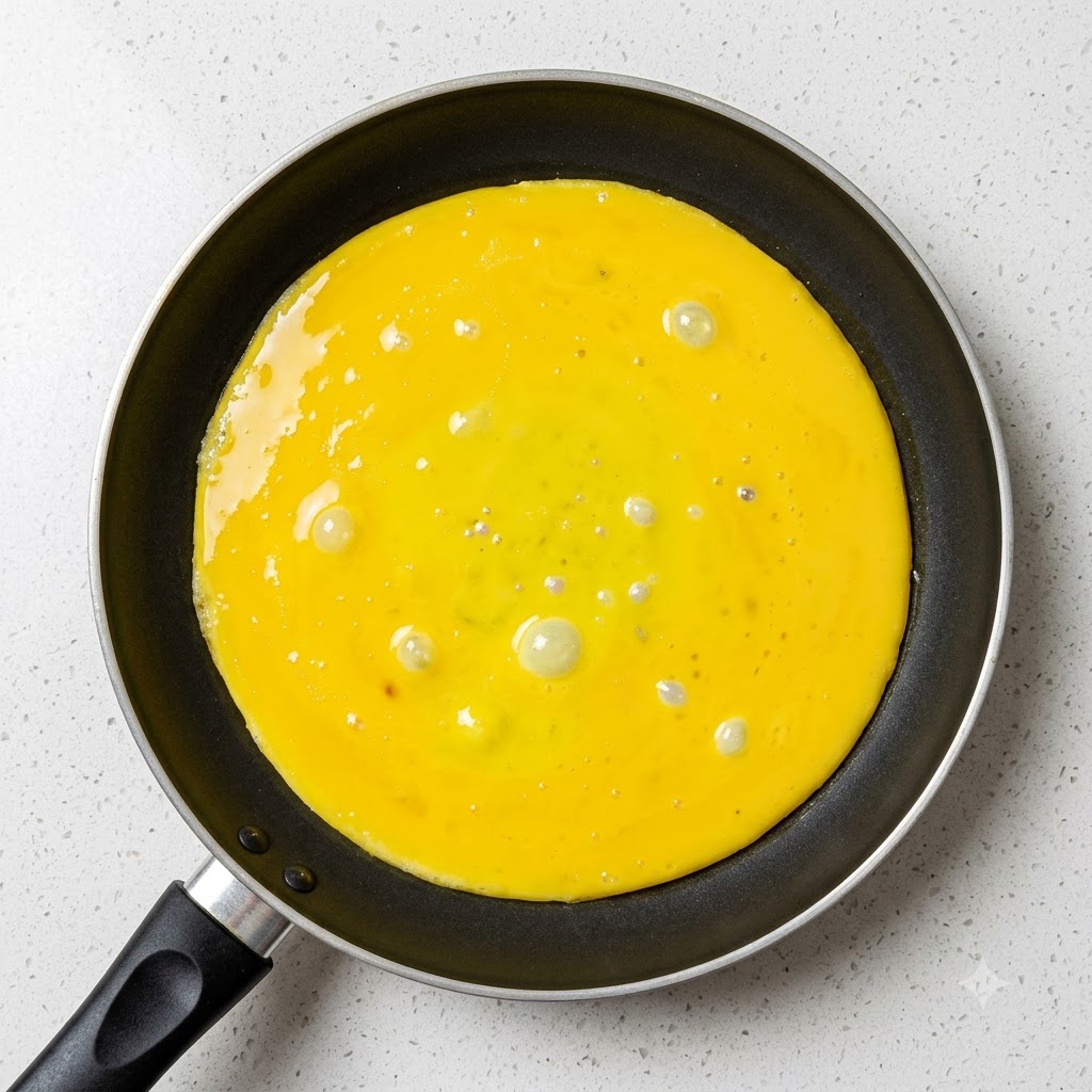 Gruby, okrągły, żółty omlet jajeczny smażący się na patelni.