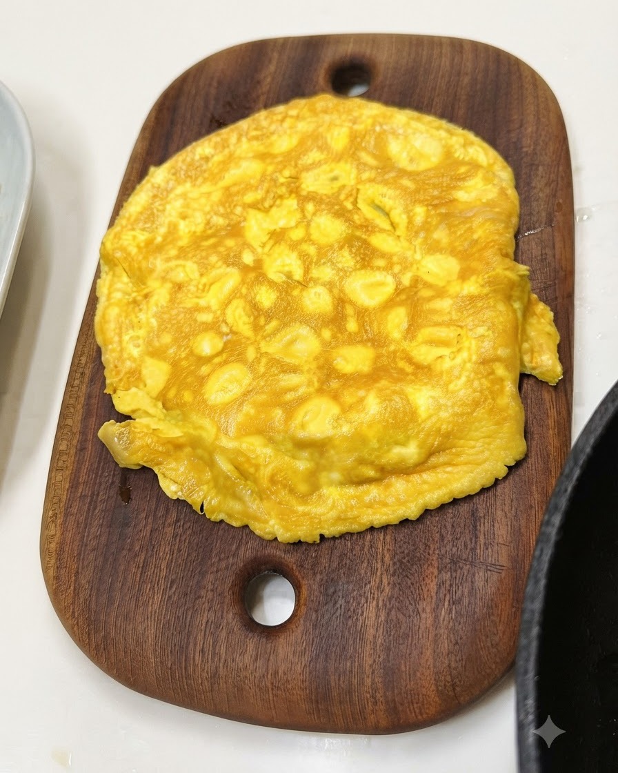 Ugotowany żółty omlet jajeczny leżący na owalnej drewnianej desce do krojenia.