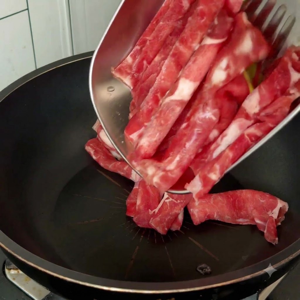 Surowe plastry wołowiny wrzucane na czarną patelnię z metalowej tacy przy użyciu przyborów kuchennych.