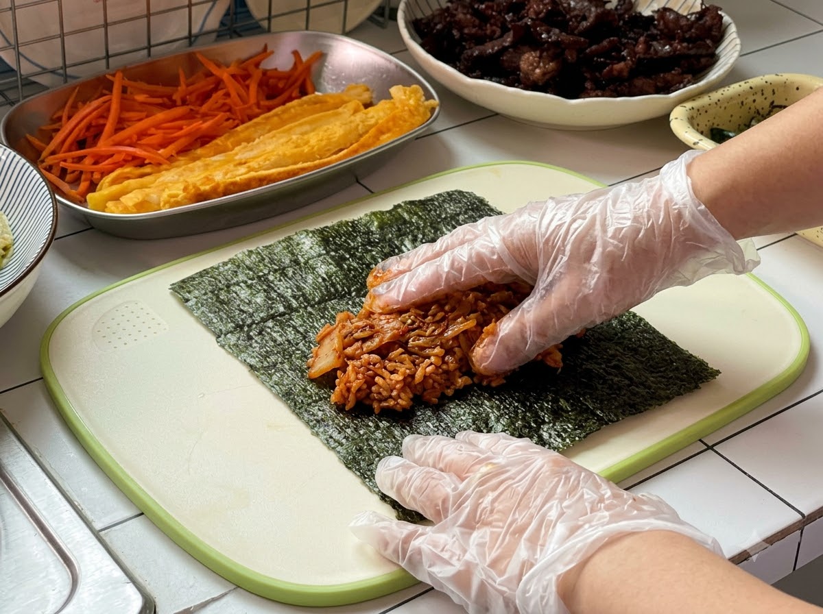 Ręce w rękawiczkach rozprowadzające warstwę smażonego ryżu z kimchi na arkuszu wodorostów.