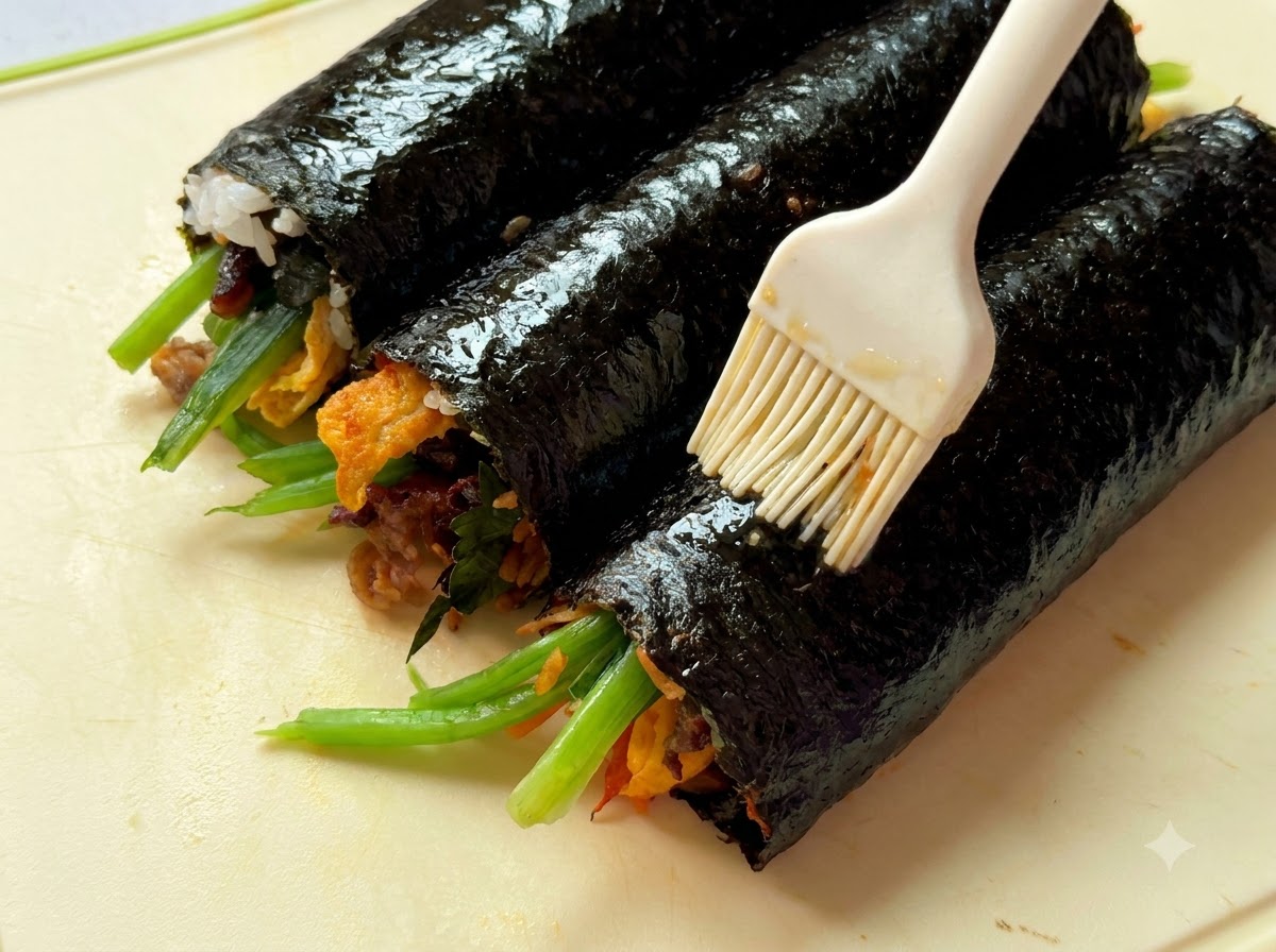 Zbliżenie oleju sezamowego smarowanego na trzech zwiniętych rolkach gimbap umieszczonych na desce do krojenia.