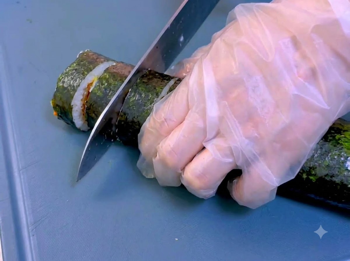 Ostry nóż przecinający zrolowany kimbap na niebieskiej desce do krojenia.