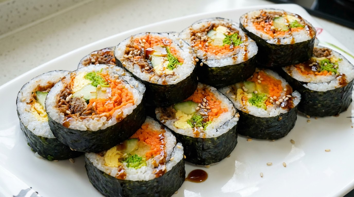 Starannie ułożone kawałki kimbapu z grillowanym mięsem, polane sosem teriyaki i posypane ziarnami sezamu.