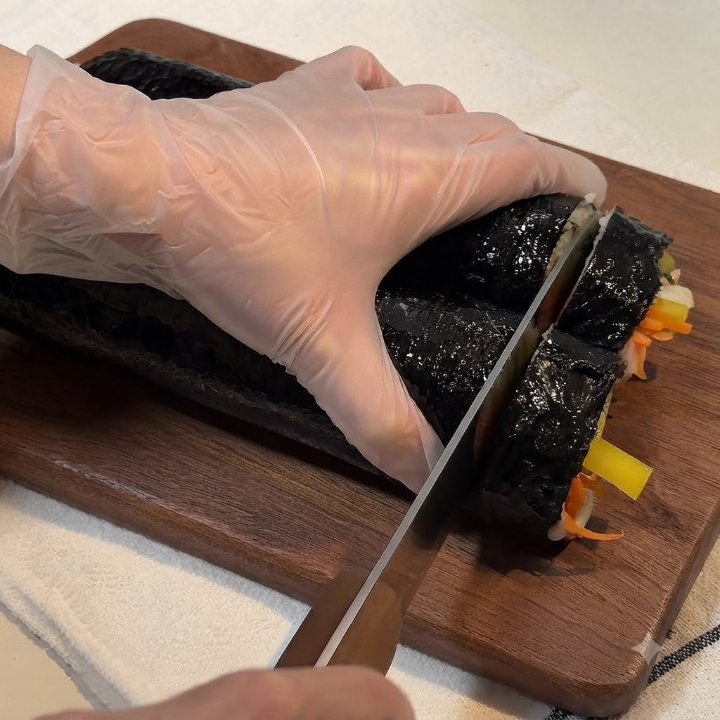 Ostry nóż krojący długą zwiniętą rolkę kimbap na drewnianej desce do krojenia na kawałki wielkości kęsa.