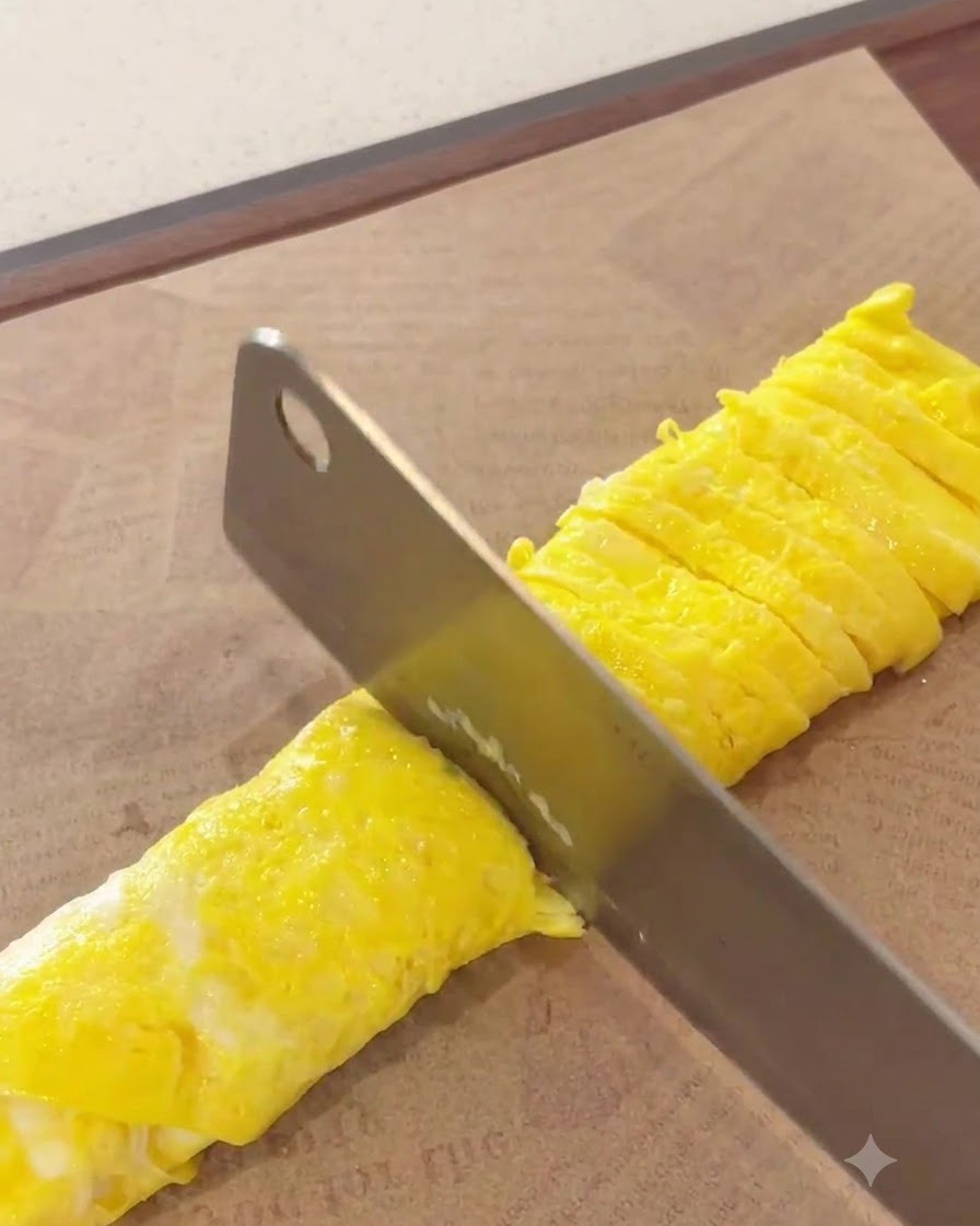 Zrolowany omlet jajeczny krojony starannie na cienkie żółte paski na desce do krojenia.