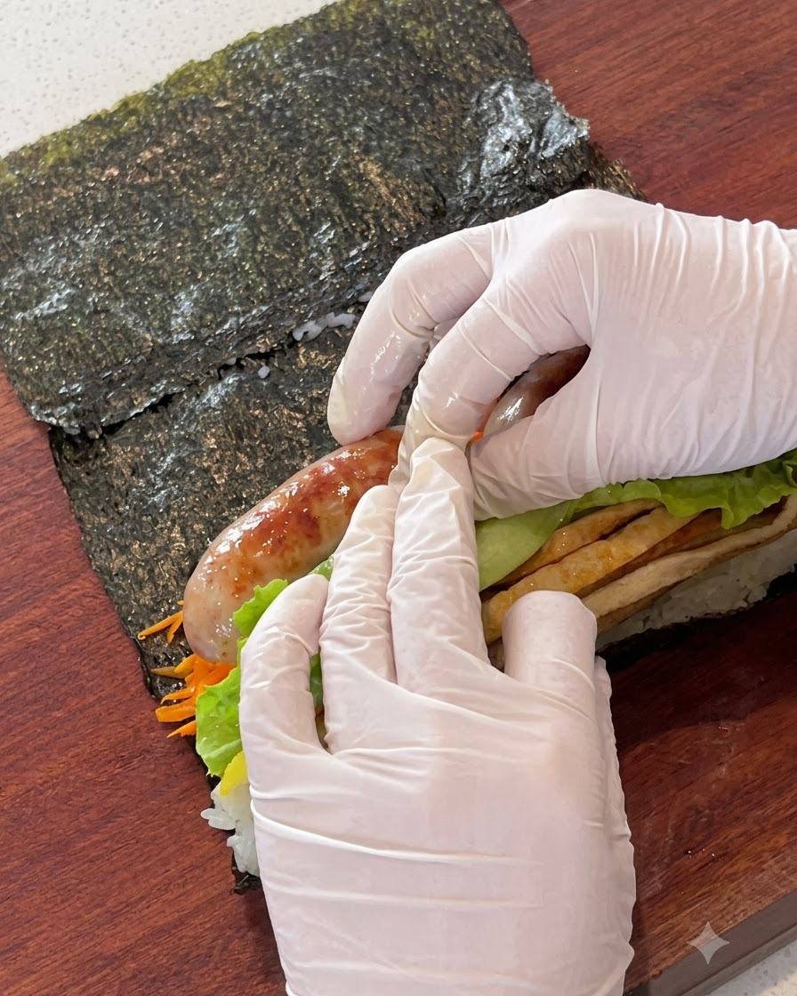 Podsmażone parówki i świeże liście sałaty umieszczane na wierzchu nadzienia kimbap.