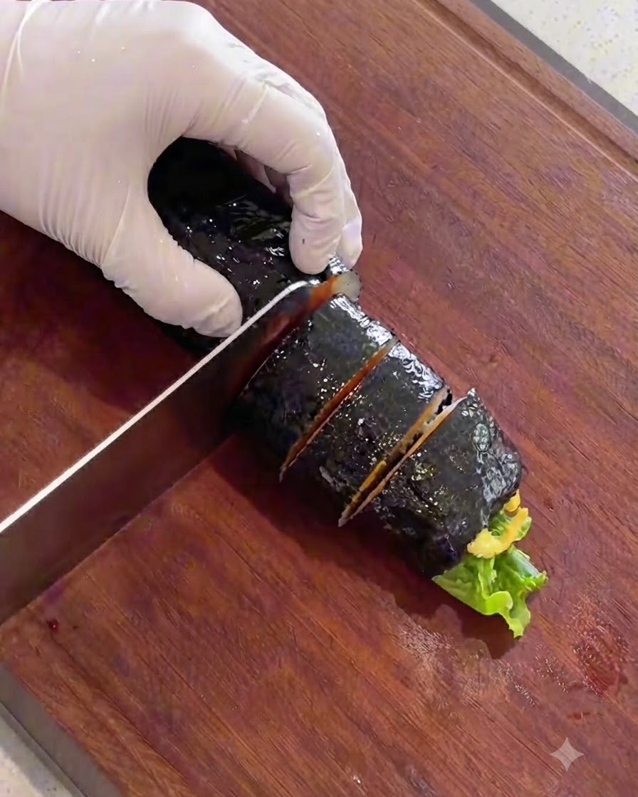 Ostrze noża krojące naoliwioną rolkę kimbap na równe kawałki na drewnianej desce.
