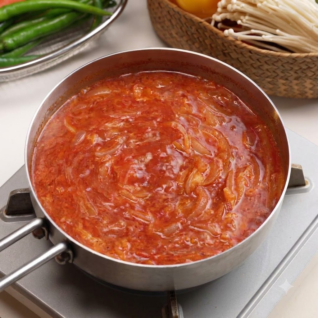 Patelnia wypełniona bulionem z kimchi otoczona świeżymi składnikami, takimi jak grzyby enoki i papryczki chili.