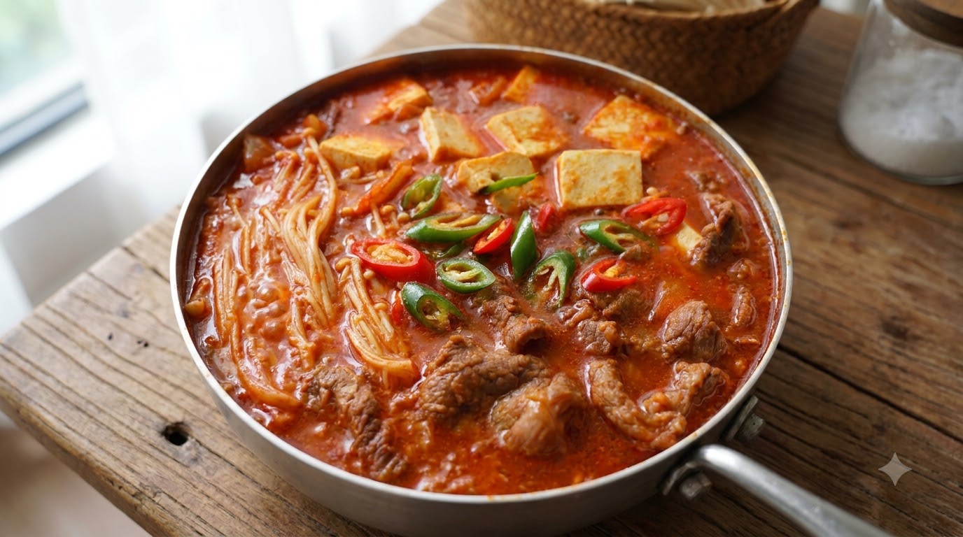 Koreańska zupa kimchi z wołowiną i tofu w stylu sundubu