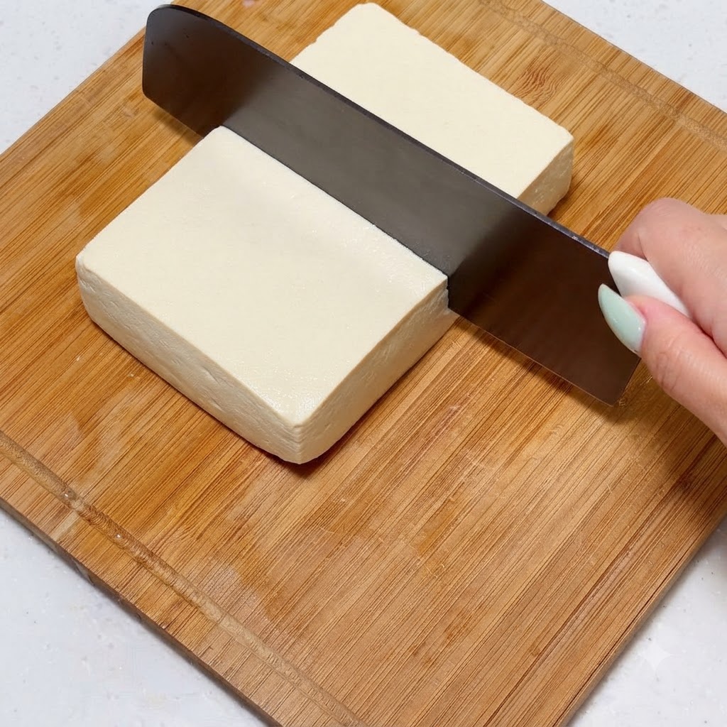 Blok jędrnego tofu krojony na równe kawałki na drewnianej desce do krojenia.