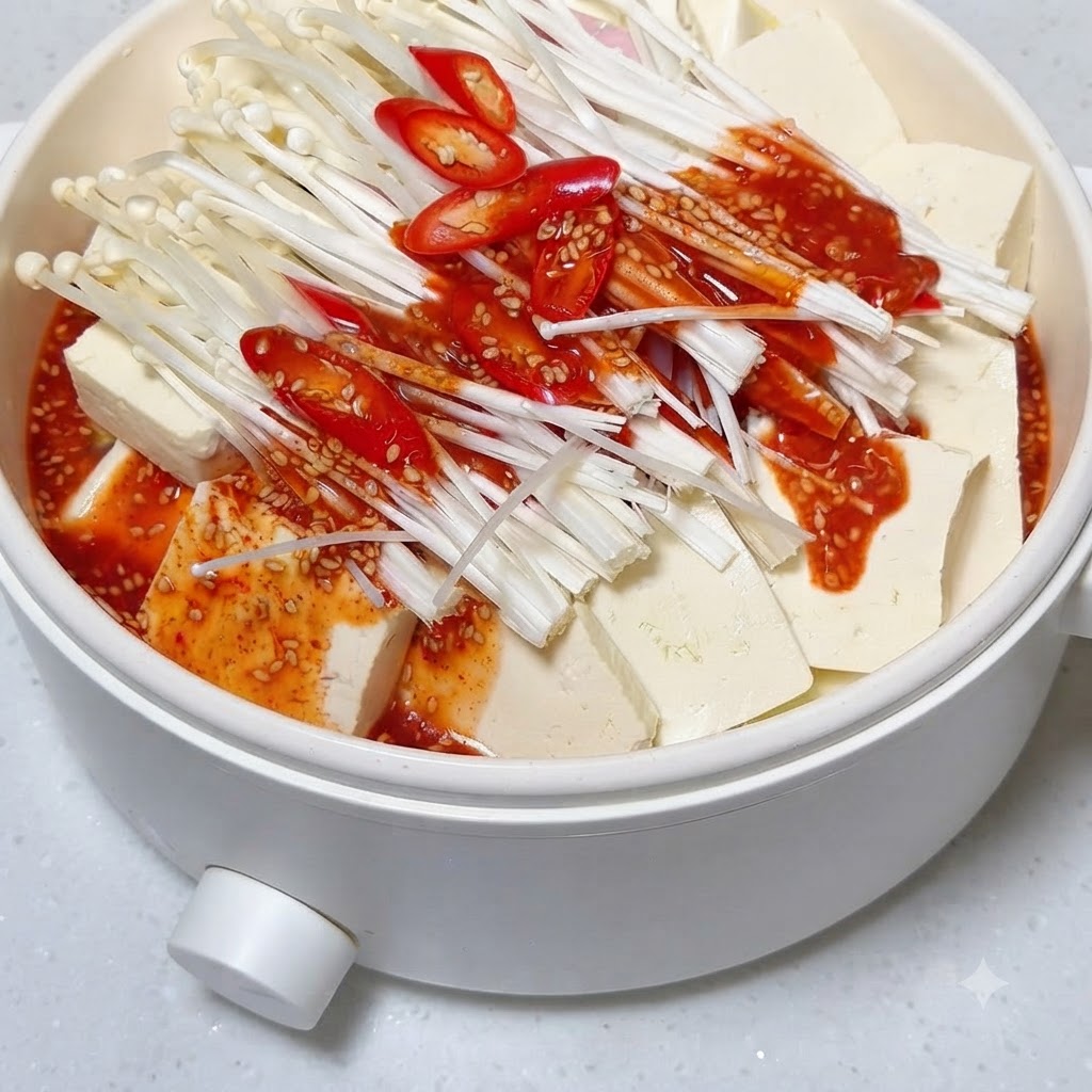 Czerwony pikantny sos z ziarnami sezamu wlewany na ułożone tofu i grzyby w garnku.