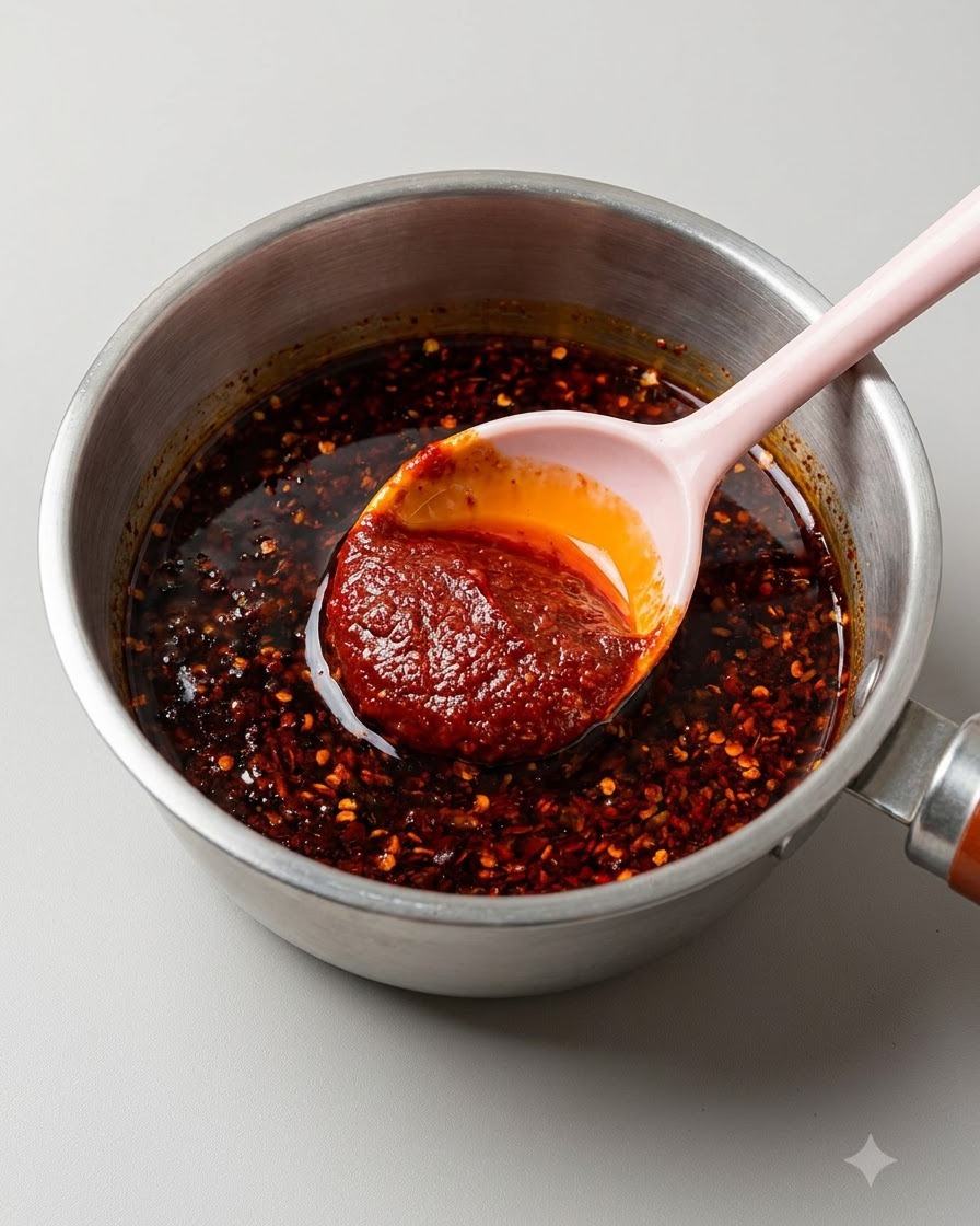Różowa łyżka nabierająca gęstą, jaskrawo czerwoną mieszaninę sosu chili w małym metalowym naczyniu.