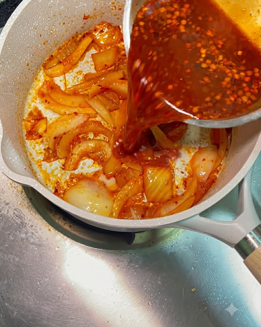 Czerwony sos chili wlewanego ze srebrnej miski do patelni zawierającej podsmażoną cebulę i kimchi.