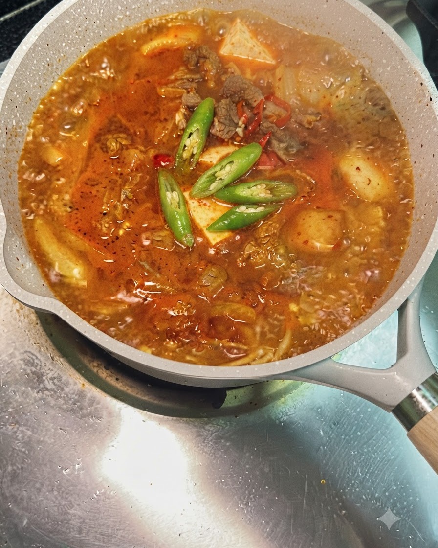 Pokrojona zielona i czerwona papryczka chili pływająca na wierzchu bulgoczącego garnka z zupą kimchi z wołowiną.