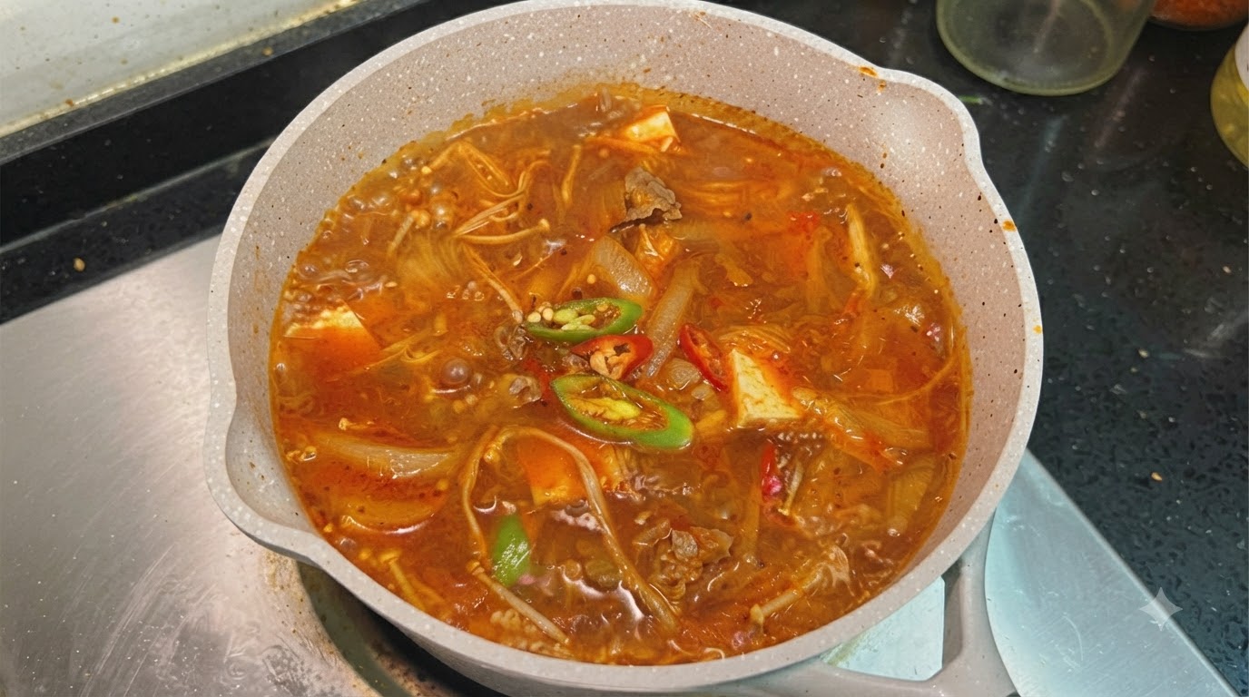 Bulgoczący garnek pełen tętniącej życiem zupy kimchi z wołowiną, tofu, grzybami enoki i świeżymi papryczkami chili.
