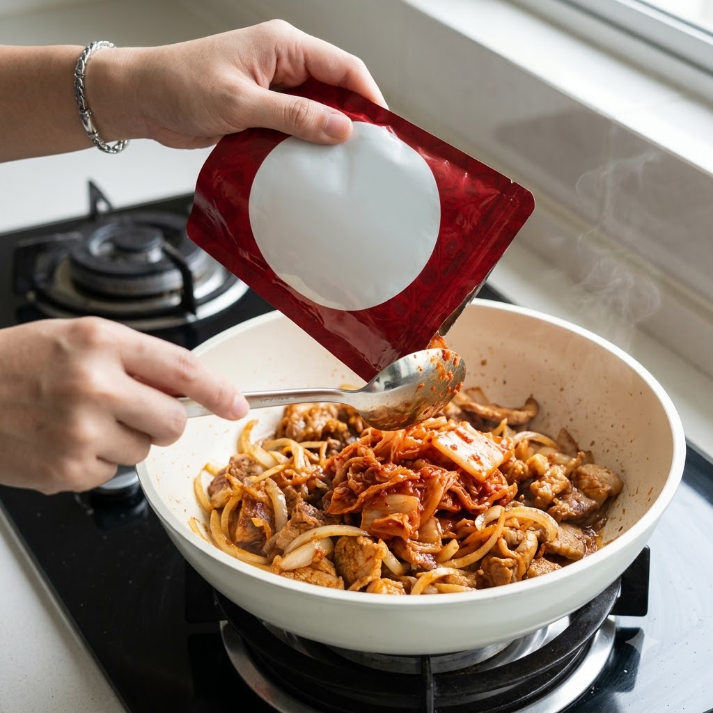 Kimchi wsypywane z czerwonej saszetki na patelnię.