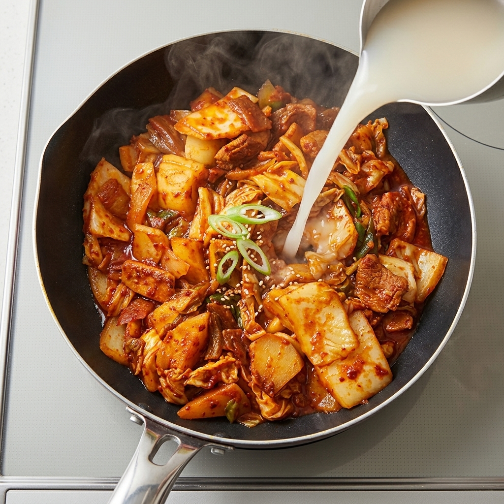 Woda ryżowa wlewana do bulgoczącej patelni z kimchi i wołowiną.