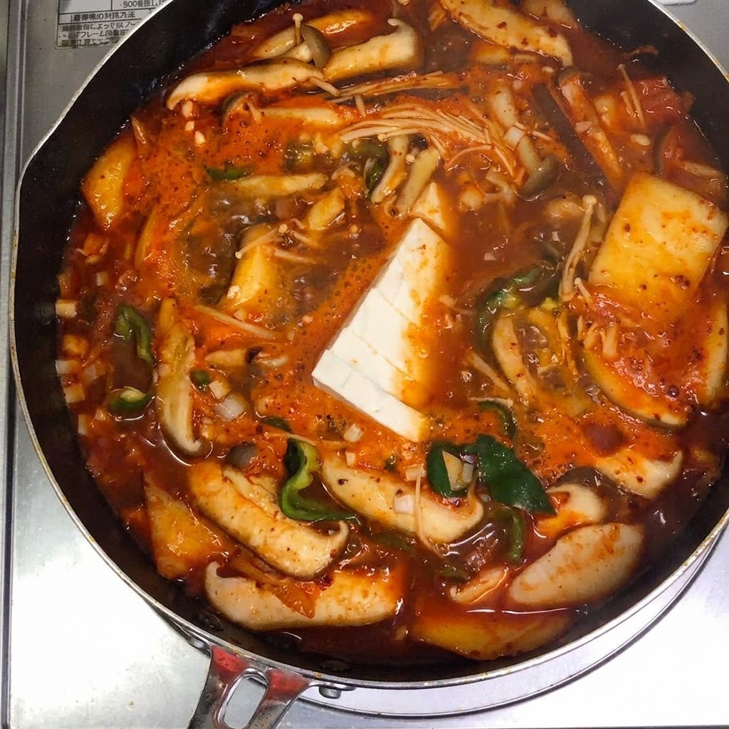 Plastry białego twardego tofu ostrożnie umieszczane na środku garnka z wrzącą czerwoną zupą kimchi.
