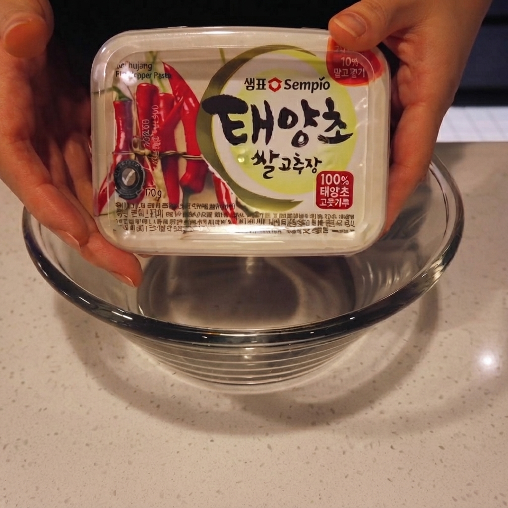 Koreańska ostra pasta paprykowa nakładana łyżką do szklanej miski.