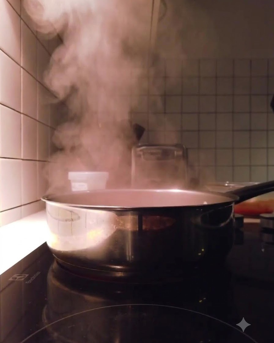 Opakowanie kimchi wsypywane do garnka z gotującą się wodą na kuchence.