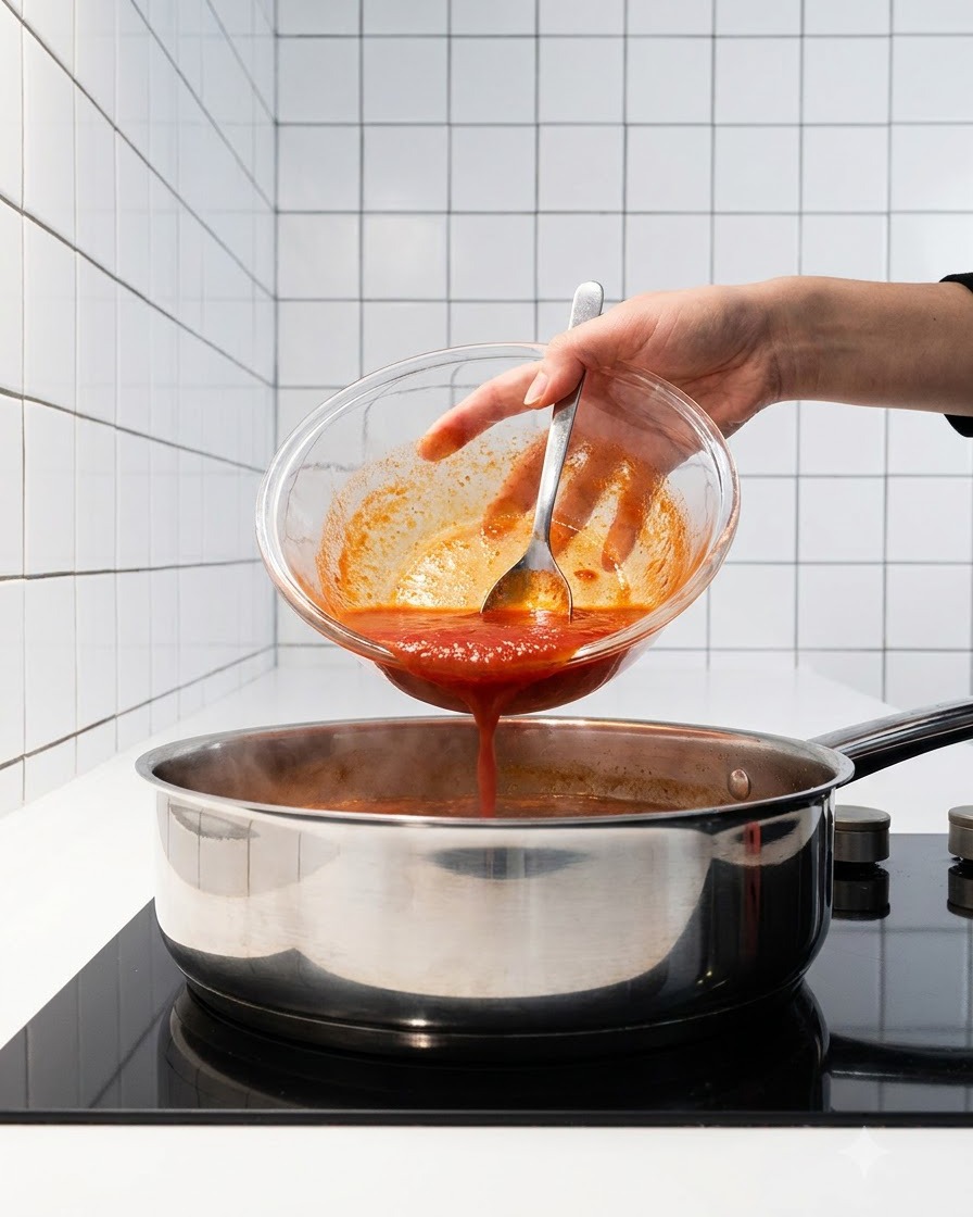 Przygotowany sos wlewany ze szklanej miski do garnka z gotującą się wodą i kimchi.