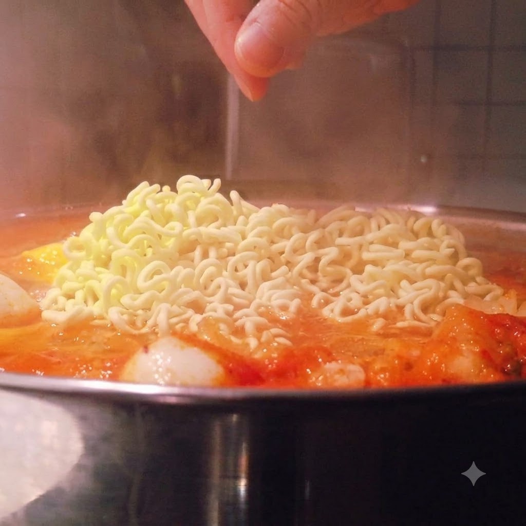 Kostka makaronu ramen umieszczana w bulgoczącym garnku z czerwoną zupą.