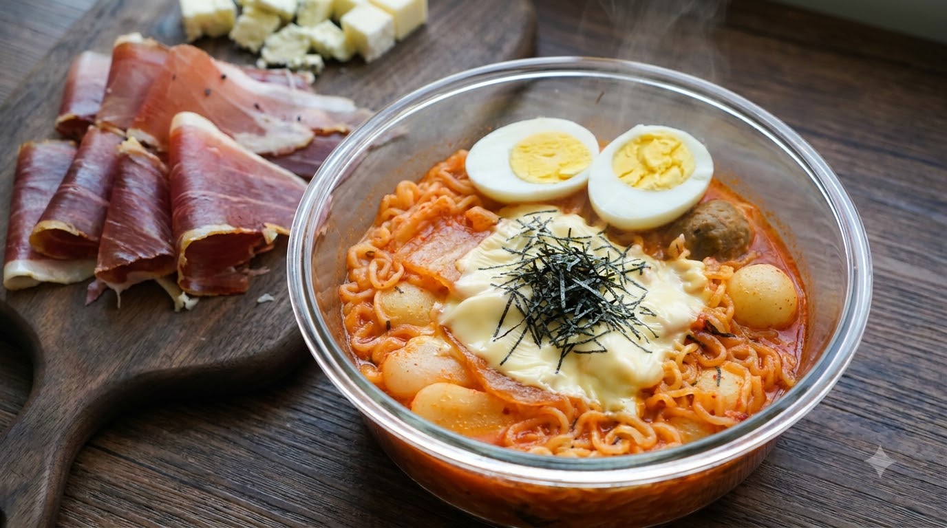Koreańska zupa z kimchi, kluskami ryżowymi, ramenem i serem