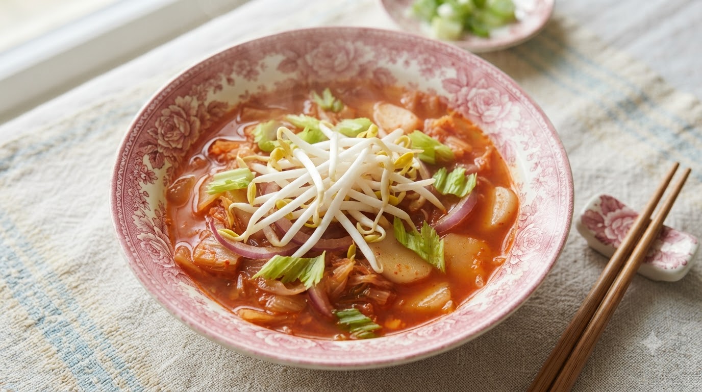 Pikantna zupa z kluskami ryżowymi i kimchi (Tteokguk)