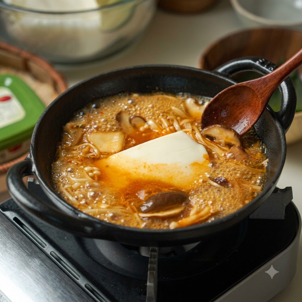 Kostka tofu i grzyby gotujące się w ciemnym, esencjonalnym bulionie w żeliwnym garnku.