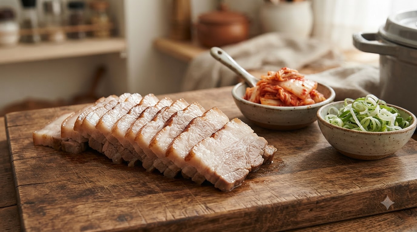 Koreański gotowany boczek wieprzowy (Bossam) z zupą tofu i kimchi