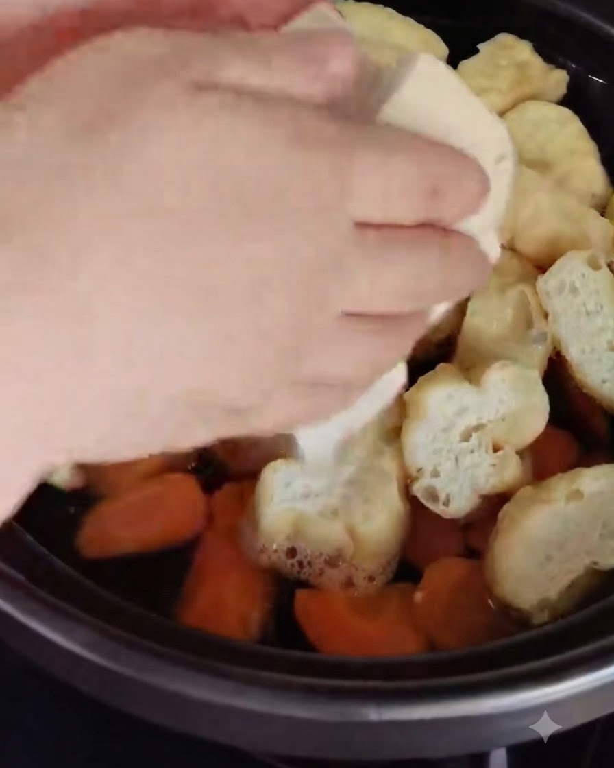 Kostki białego tofu wkładane do garnka wypełnionego składnikami.