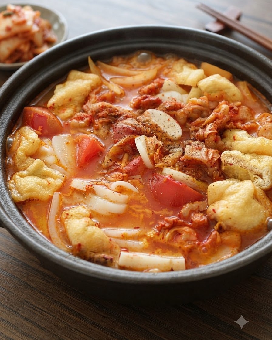 Zbliżenie na czarny pieprz posypywany nad bulgoczącym garnkiem z zupą kimchi.