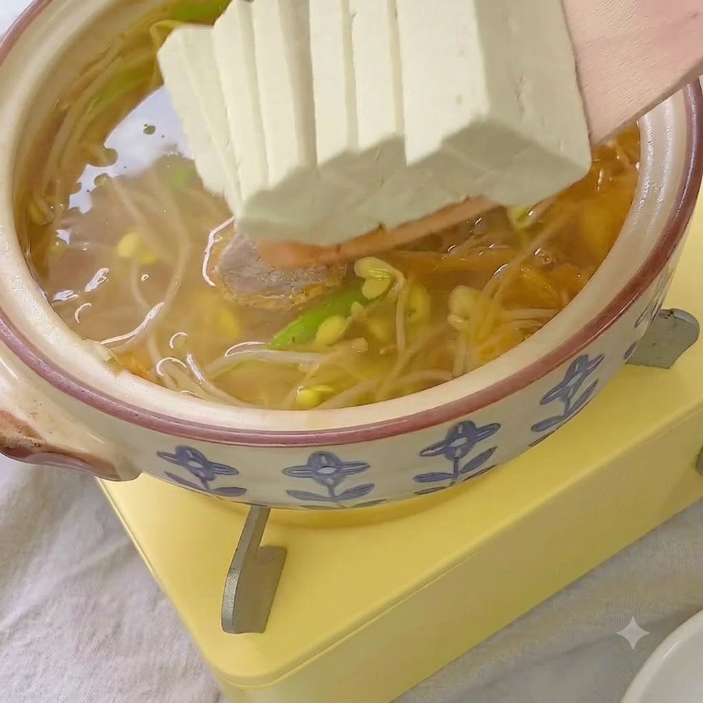 Kawałki twardego tofu i klopsiki dodawane do garnka z bulionem.