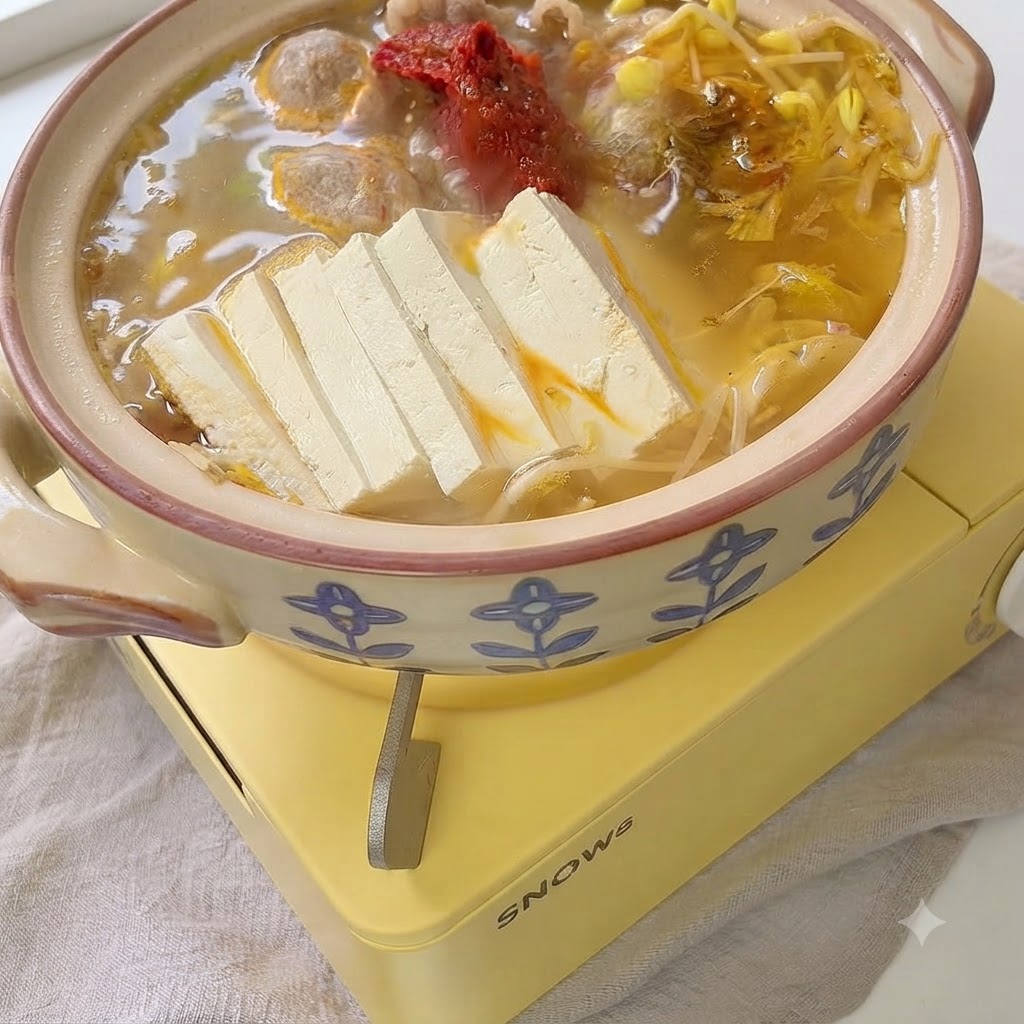 Koreańska pasta chilli i przyprawy dodawane do bulgoczącego garnka.