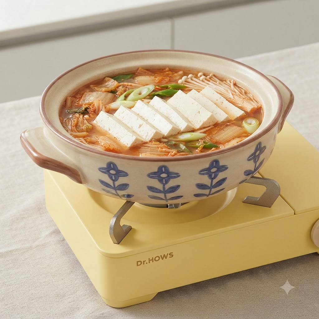 Świeże grzyby enoki i mrożone pierogi ułożone schludnie w simmeringującym garnku koreańskiej zupy.