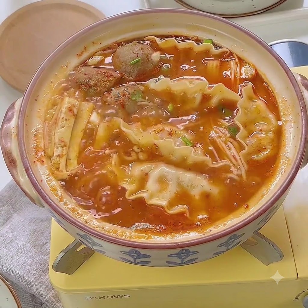 Ugotowany gorący garnek koreańskiej zupy z kimchi i pierogami, ozdobiony posiekaną zieloną cebulką i białym sezamem.