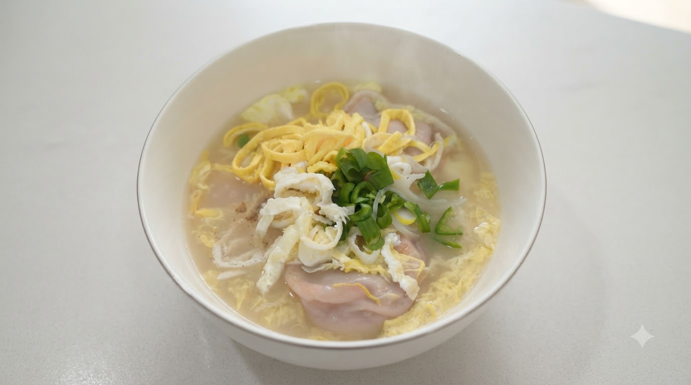 Tradycyjna koreańska zupa z kluskami ryżowymi i pierogami (Tteokguk)
