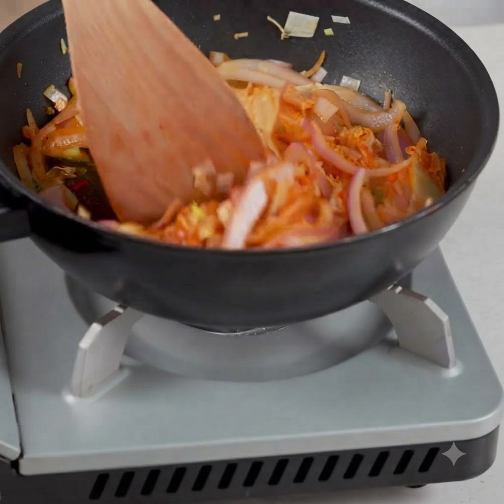 Woda wlewana do patelni z podsmażonym kimchi i pokrojoną cebulą.