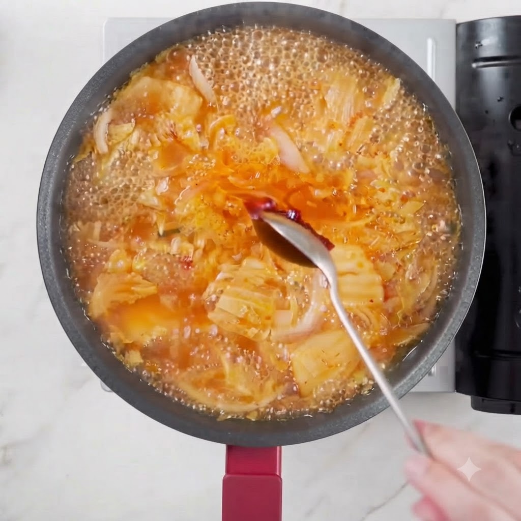 Koreańska pasta chili na łyżce dodawana do bulgoczącego wywaru.
