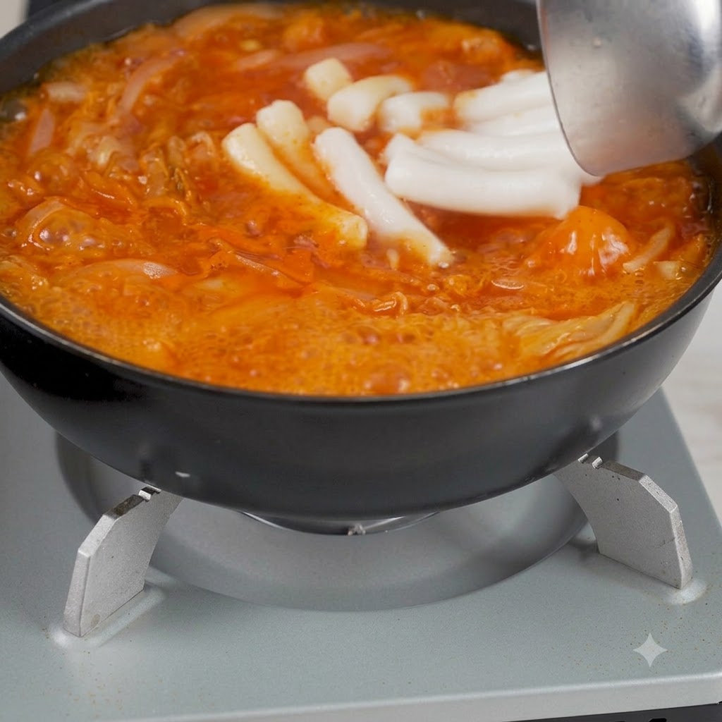 Koreańskie pierogi z kimchi dodawane do garnka za pomocą narzędzia kuchennego.