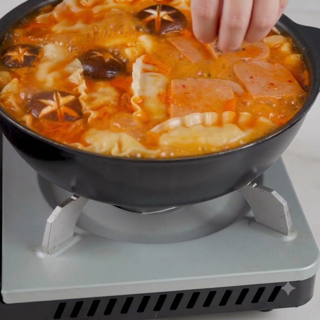 Dłoń posypująca nasiona sezamu i posiekaną zieloną cebulkę nad bulgoczącą patelnią z koreańską zupą kimchi.