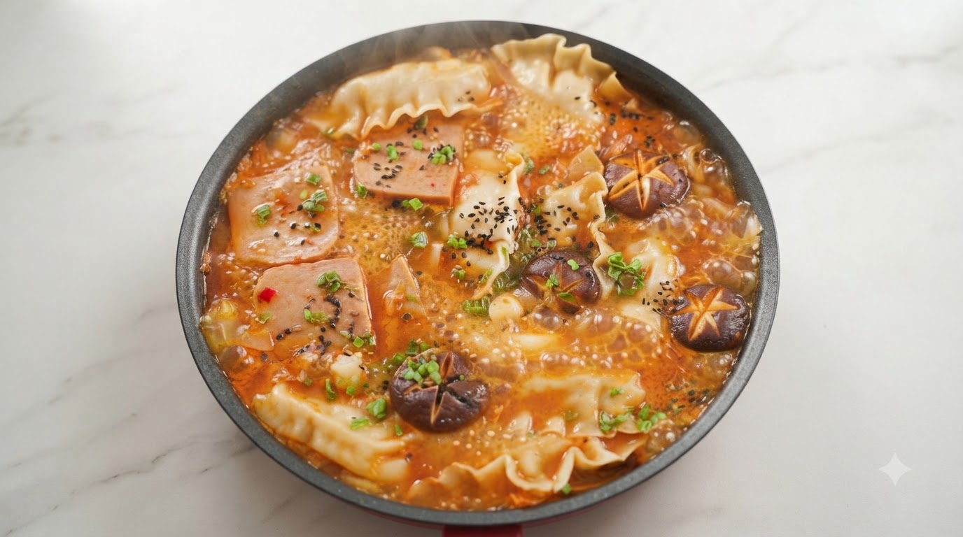 Sycący żeliwny garnek wypełniony pikantną koreańską zupą kimchi, ciastkami ryżowymi, puszystymi pierogami i grzybami shiitake.